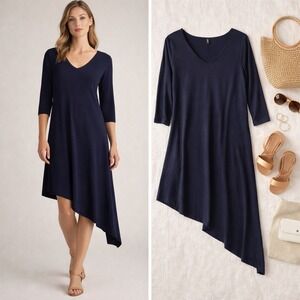 Eileen Fisher Asymmetrical Jersey Dress Navy Draped Minimalist Small